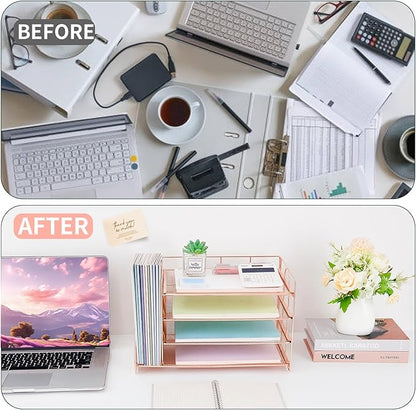 OPNCIE Desk Organizers and Accessories, 4 Tier Paper Letter Tray File Organizer, Office Organization Storage Desk Accessories Workspace Desktop Organizer for Classroom Office Supplies Decor, Rose Gold
