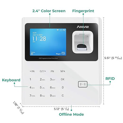 ANVIZ Time Clocks for Employees Small Business - CX2 Fingerprint Biometric Clock in and Out Machine - with Professional Cloud Software (0 Monthly Fee), White