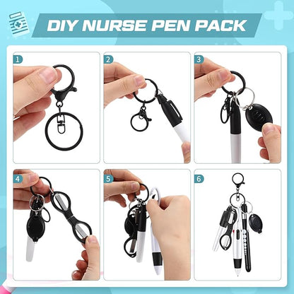 6 Pcs Nurse Pen Set Include Permanent Marker Pen Retractable Ballpoint Pen Keychain Clip Foldable Scissors Lights LED Flashlight Keychain for Nurse Accessories(Black)