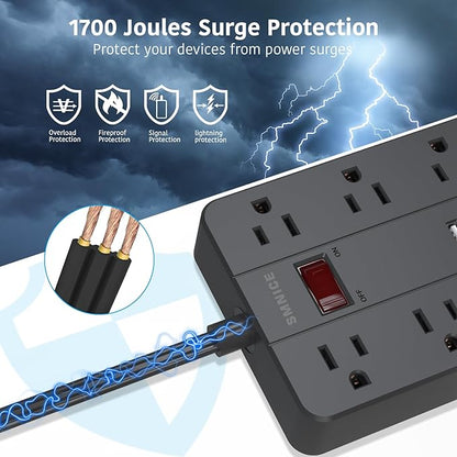 10 Ft Extension Cord Surge Protector, SMNICE 8 Widely Spaced Outlets and 6 USB (1 USB C) Charging Ports Flat Plug Power Strip, Desktop Power Cord for Travel Home Office Accessories Black