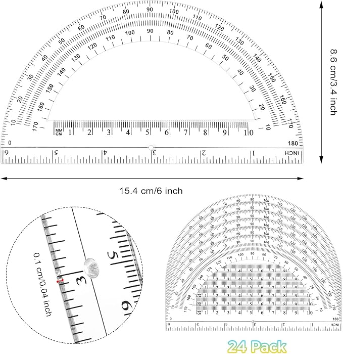 Zonon 24 Pieces Plastic Protractors Bulk Classroom Clear Math Protractors 180 Degrees 6 Inch Protractors for Geometry Student, Angle Measurement, Students Back to School Supplies Office Supplies