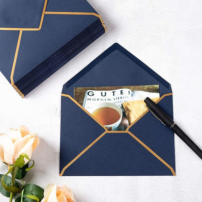 50 Pack A7 Envelopes Navy Blue 5 x 7 Self-Adhesive V Flap Envelopes with Gold Border for Office, Greeting Card, Wedding, Graduation, Baby Shower, Parties, Invitations (Navy Blue, 5x7)