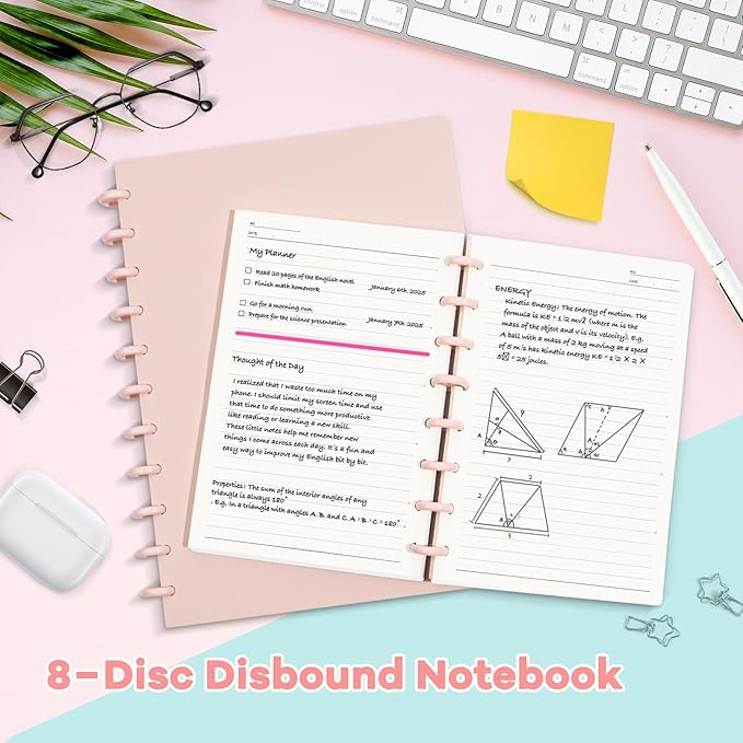 Discbound Notebook, 8-Disc Disbound Planner with Removable Pages, 180 Pages Spiral Notebook, Poly Cover Discbound Planner for Work, Travel, Note Taking(With Index Sticker),Pink,A5