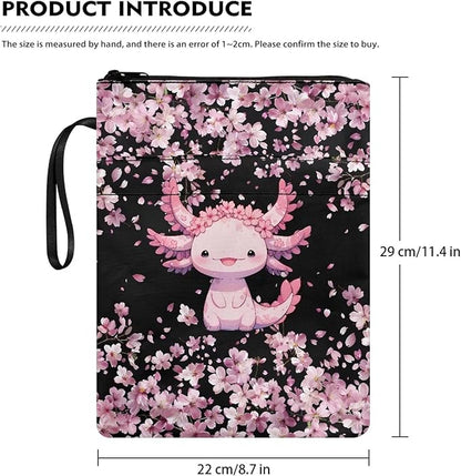 COEQINE Axolotl Flower Book Covers for Girls Large Capacity Book Sleeves Cover with Zipper Portable Book Cherry Blossom Book Pouch Case