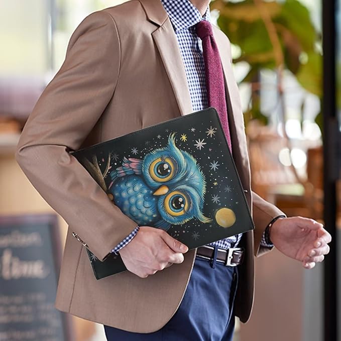 Office Folder Cute Owl Print PU Leather Padfolio with A4 Size Clipboard Clip for Business Resume Interview Document Sleeve Binder Folder for Men/Women