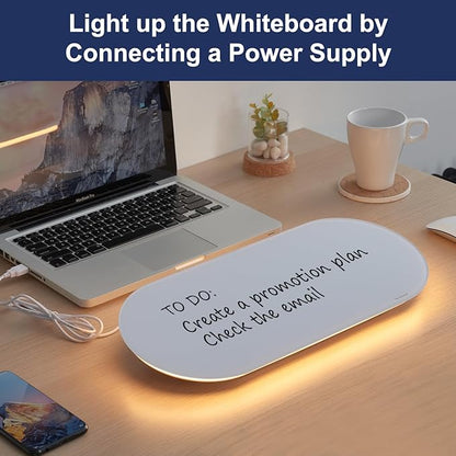 TSJ OFFICE Glass Desktop Whiteboard - 17 X 7 Inches Small Dry Erase Board with Warm White Light, Glass White Board Surface Notepad with 1 Drawer, Desk Organizers for Office, Home, School Supplies