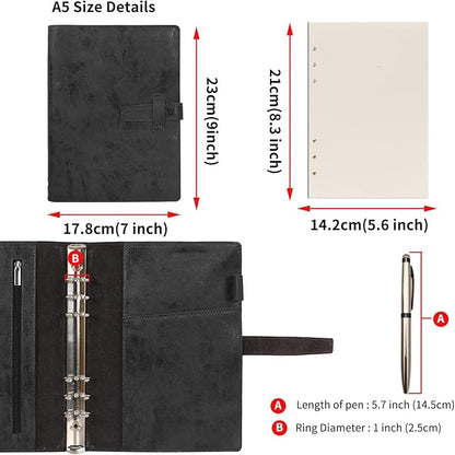 Wonderpool Leather Journal Refillable Binder A5 Writing Notebook Folder Organiser with Dotted Paper & Multi Pockets Cover for Business School Travel (A5, Black)
