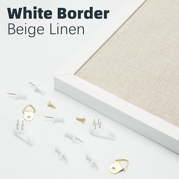 OWLKELA 20'' x 30'' Linen Bulletin Board, White Framed Corkboard, White Oak Frame Linen Cork Board, Vision Board and Decorative Hanging Pin Board