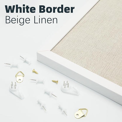 OWLKELA 20'' x 30'' Linen Bulletin Board, White Framed Corkboard, White Oak Frame Linen Cork Board, Vision Board and Decorative Hanging Pin Board