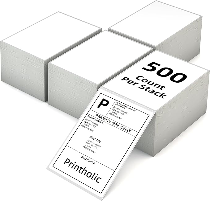 4" x 6" Fanfold Direct Thermal Labels, 500 Labels per Stack, 4 Stacks, White Perforated, Permanent Adhesive - Shipping Label Compatible for Zebra, Rollo, MUNBYN Thermal Printer