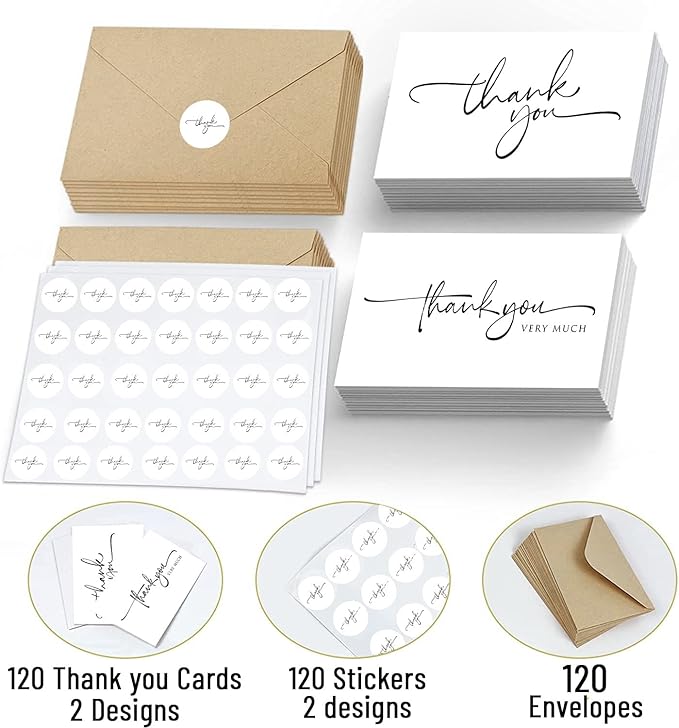 120 Bulk Handwritten Thank You Cards Blank Inside with Brown Kraft Envelopes and Matching Stickers, Perfect for: Wedding, Bridal Shower, Baby Shower, Birthday, or just to say thanks!