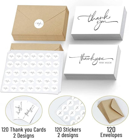 120 Bulk Handwritten Thank You Cards Blank Inside with Brown Kraft Envelopes and Matching Stickers, Perfect for: Wedding, Bridal Shower, Baby Shower, Birthday, or just to say thanks!