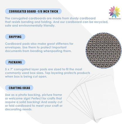 Mat Board Center, 25 pack 5x7 Corrugated Cardboard sheet, 1/8 inch thick, Flat Cardboard Inserts for Mailing, Packaging & Shipping, Cardboard Backing, Craft Card Board (White on one side)