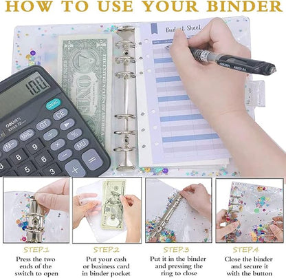 35 Pieces A6 Binder PVC Cover with 10 Clear Binder Pockets, Waterproof 6-Ring Budget Binder Envelopes System Budget Planner Organizer, Budget Sheets & Card Bags & Papers & Label for Cash Envelopes