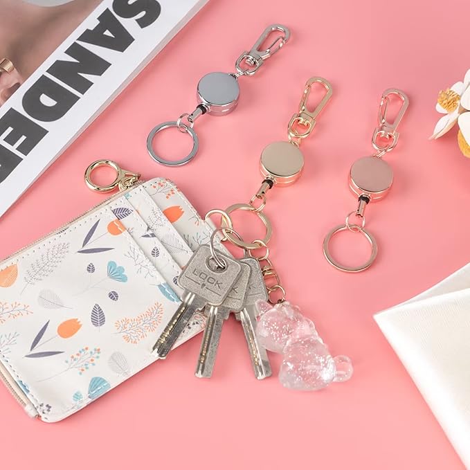 Retractable Badge Holder, Pretty Bling Pink ID Badge Reel with Retractable Cord for Name Card Keychain，Metal Retractable Key Ring for Women Nurse Teacher Student,2 Pack