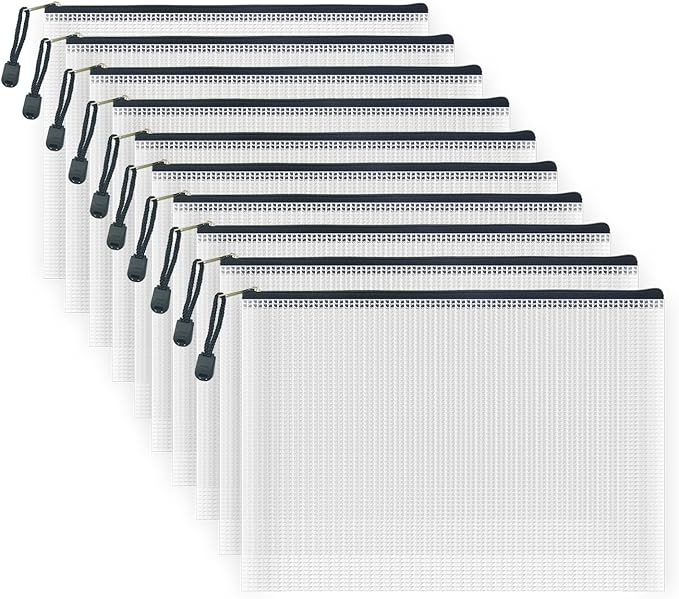 AUSTARK 10 Pcs Zipper File Bags, Waterproof Plastic Mesh Pouch for Office School, Board Game Storage Bags (B5 Size 11.4''x8.2'', White and Black)