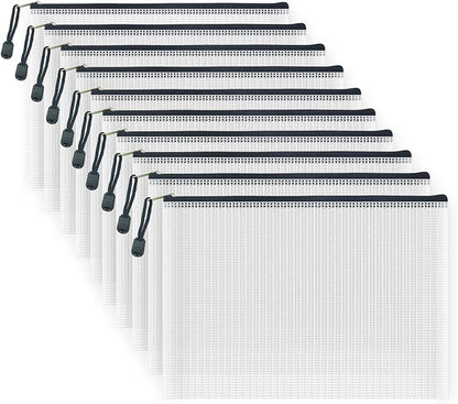 AUSTARK 10 Pcs Zipper File Bags, Waterproof Plastic Mesh Pouch for Office School, Board Game Storage Bags (B5 Size 11.4''x8.2'', White and Black)