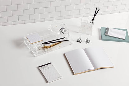 russell+hazel Acrylic Perpetual Calendar and Pencil Bloc Two Compartment Pen Cup, Office Supplies, Clear, 4” x 4”