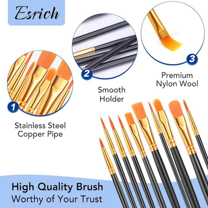 ESRICH Acrylic Paint Brushes Set, 10 Packs/ 100 Pcs Watercolor Brushes,Nylon Brush Head, for Oil Painting, Gouache, Face,Ceramics etc, Kid's and Adults Painting Arts and Crafts Paint Sets.