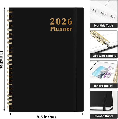 2026 Planner, Weekly and Monthly Calendar Planner, January 2026 - December 2026, Hardcover 2026 Calendar Planner Book with Tabs For Women & Men, Inner Pocket, Spiral Bound, Perfect for Office Home School Supplies - A4 (8.5" x 11"), Black