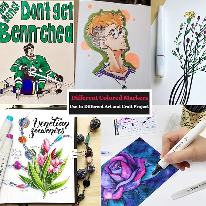 Caliart Markers, 100 Colors Dual Tip Art Markers Sketch Pens Permanent Alcohol Based, with Case for Adult Kids Halloween Drawing Sketching (Black Barrel)