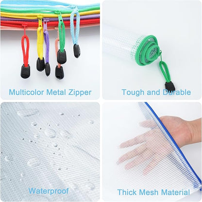 30 Pcs Mesh Zipper Pouch Bags, A4 Size Waterproof File Bags, with 10 Colors, for Organizing Office Supplies, Board Games, Puzzles, and Classroom Organization, Assorted Letter Size Zipper Pouches