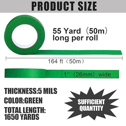 Fainne Green Painters Masking Tape Bulk 1 Inch x 55 Yard, General Purpose Paint Band Removable Adhesive Tape Multi Surface Roll for Painting Labeling School Supplies(30 Pcs)
