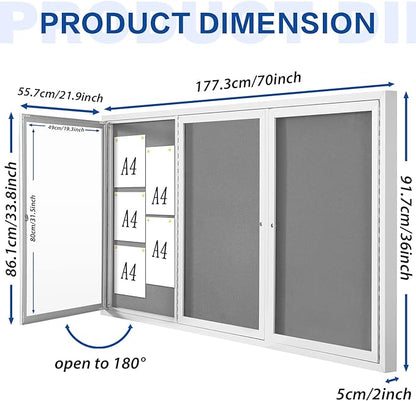 SWANCROWN Weather Resistant Enclosed Bulletin Board Gray Fabric Displays Boards Wall Mounted Notice Cabinet with Three Locking Doors, 70x36 inches