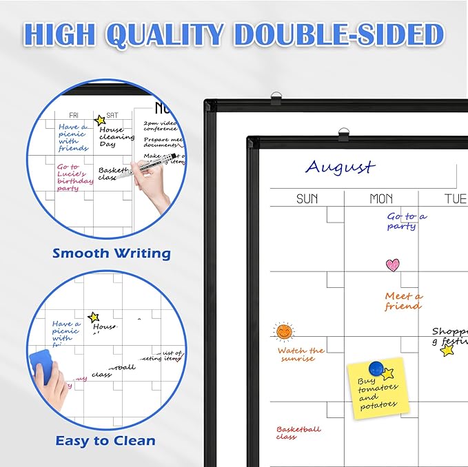 WALGLASS Dry Erase Calendar Whiteboard, 48" x 36" Monthly Large Dry Erase Calendar for Wall, Double-Sided Hanging Calendar White Board with Black Aluminum Frame for Home, School, Office, Kitchen