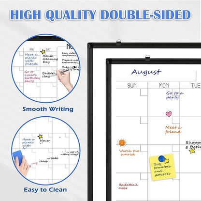 WALGLASS Dry Erase Calendar Whiteboard, 48" x 36" Monthly Large Dry Erase Calendar for Wall, Double-Sided Hanging Calendar White Board with Black Aluminum Frame for Home, School, Office, Kitchen