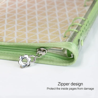Multibey A5 Binder Cover Clear Soft PVC 6-Ring Binder Budget Cash Evelopes System with Zipper Planner Organizer Refillable Notebook Journal Binder (Grass Green, A6)
