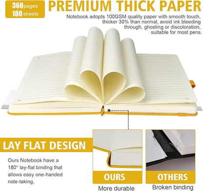 Lined Journal Notebook, 360 Numbered Pages(With page number), Thick Journal for Writing A5 College Ruled Notebook, 100gsm Lined Paper, Leather Hardcover, 5.75'' X 8.38''-1 Pack, Yellow