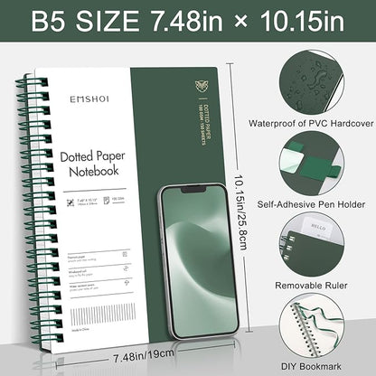 EMSHOI Spiral Notebook B5 Bullet Dotted Journal, Dotted Grid Notebook with 300 Pages, 100gsm Thick Paper, 7.48" × 10.15", Waterproof Softcover Notebook for School Work Writing - Dark Green