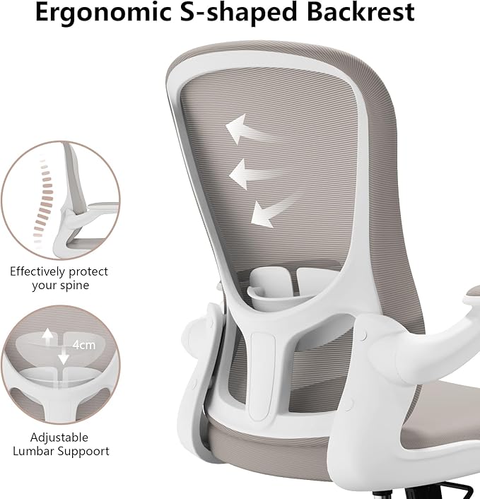 Ergonomic Office Chair, Comfort Swivel Home Office Task Chair, Breathable Mesh Desk Chair, Lumbar Support Computer Chair with Flip-up Arms and Adjustable Height