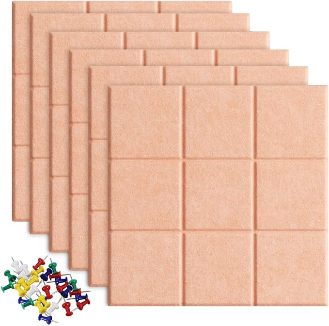 Large Felt Board Tiles for Wall with 30 Push Pins, 11.8"x11.8" Pack of 6 Pin Board Notice Boards for Home Office Kitchen, Bulletin Board Wall Tiles for Photos Memos (Beige, 6 Pack)