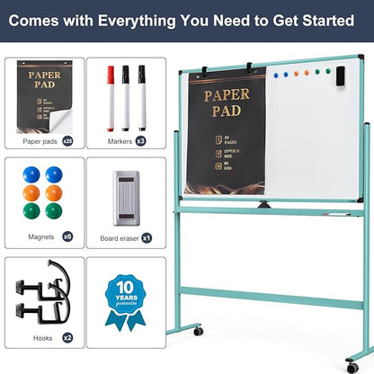 Rolling Whiteboard, 48x32 Inches Dry Erase Board with Stand, Magnetic Mobile Whiteboard on Wheels, Standing White Board for Office, School, Home, Large Double Sided White Board with Paper Pad