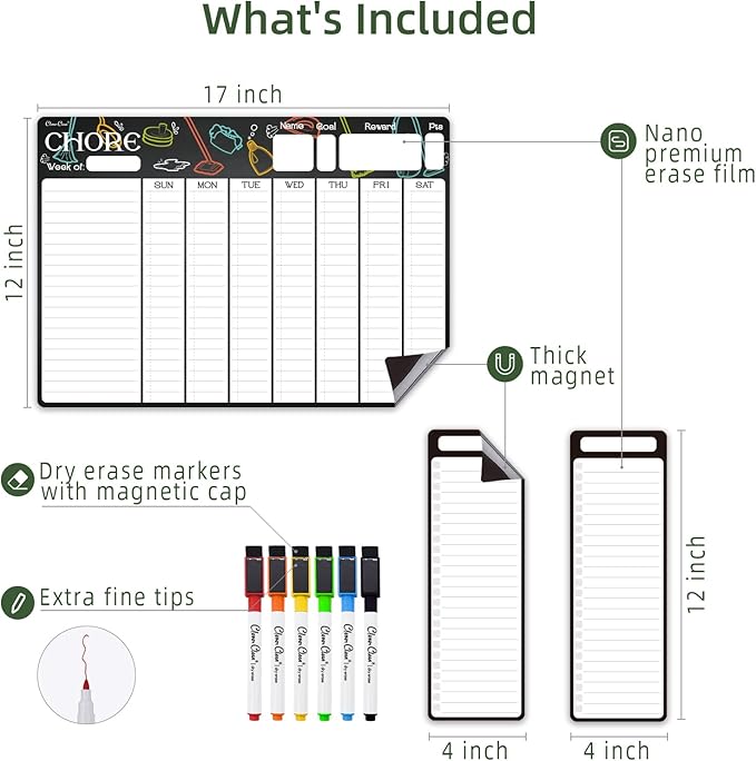 Magnetic Dry Erase Chore Chart - 17"x12" Dry Erase Chore Board for Kids, Teens, Adults - 4"x12" List Board 2 Pcs - 6 Extra Fine Point Markers Included - Shipped Flat