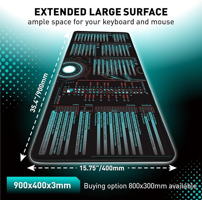 Windows, Office, Excel, Adobe Photoshop Shortcut Keys Extended Large Mouse Pad | Gaming Desk Mat for PC. Stitched Edge Non-Slip Base Mousepad, Keyboard Mat