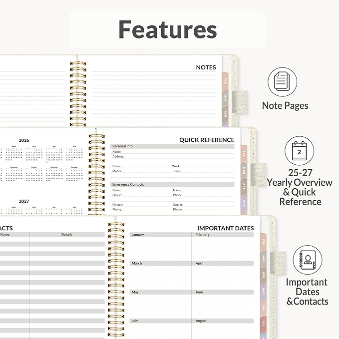 SUNEE 2026 Weekly & Monthly Planner 6.4"x8.5"- 12 Month (January 2026 - December 2026), Vegan Leather Cover, Pocket, Bookmark, Notes, Monthly Tab, Beige