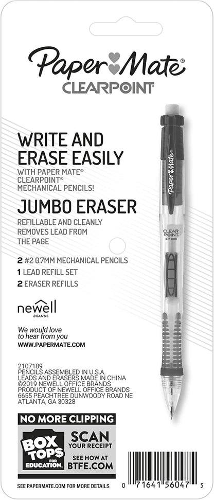Paper Mate Clearpoint Mechanical Pencils 0.7mm, HB #2 Pencil Lead, 2 Pencils, School Supplies, Teacher Supplies, Drawing Pencils, Sketching Pencils, 1 Lead Refill Set, 2 Erasers