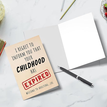 Funny 18th Birthday Card for Him Her, Humorous 18 Years Old Birthday Card for Son Daughter Sister Brother Best Friend, Your Childhood Has Expired