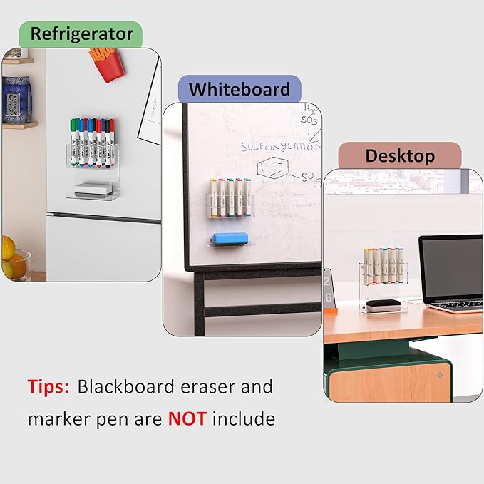 Acrylic Clear Magnetic Whiteboard Marker Holder,Wall Mounted Dry Erase Whiteboard Marker Holder Stand with 10 Marker Solts and Eraser Holder for School Office Home(Clear, 1)
