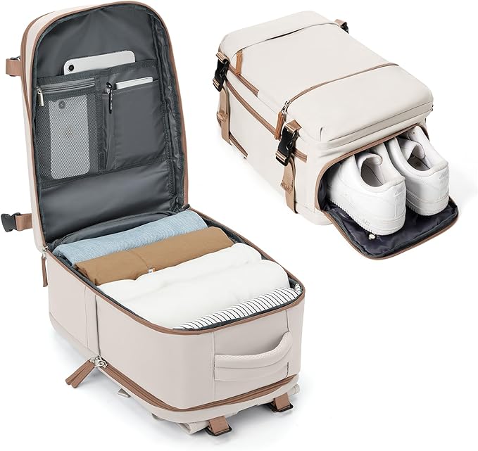 Travel Backpack for Women Men, Flight Approved Carry on Backpack with Shoe Compartment, Waterproof Laptop Backpack Personal Item Travel Bag - Ideal for Weedender, Hiking, Sport & Gym, Beige with Brown