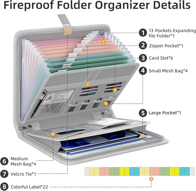 Fireproof Accordion File Organizer, Portable Expanding File Folder with Waterproof Zipper&Labels, Gray Document Organizer with 13 Pockets, File Organizer for Important Document/Paper Storage