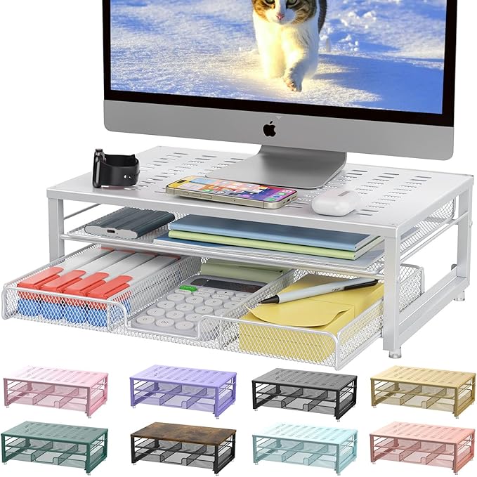 gianotter Computer Monitor Stand Riser, office organizer with Drawer, Office Organizers Storage for Classroom Office Supplies (White)