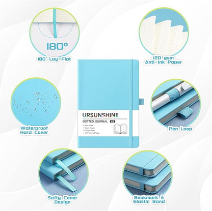 Dotted Journal/Notebook - Dot Grid Hard Cover Notebook, Premium Thick Paper with Fine Inner Pocket, Black Smooth Faux Leather, Pen Loop, 5.3'' x 8.26'' - Light Blue