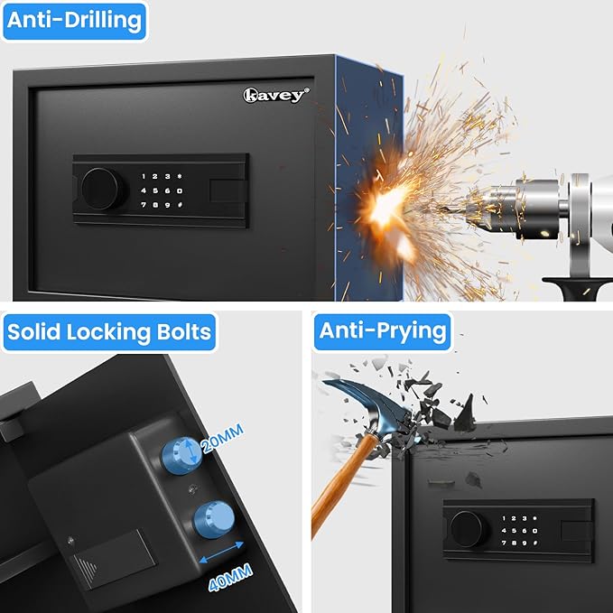 Kavey 0.8 Cub Safe Box, Home Safe with Backlit Touch Screen Keypad and Dual Alarm System, Money Safe Fireproof With Mute Function and LED Light, Small Safe for Money Document Valuables
