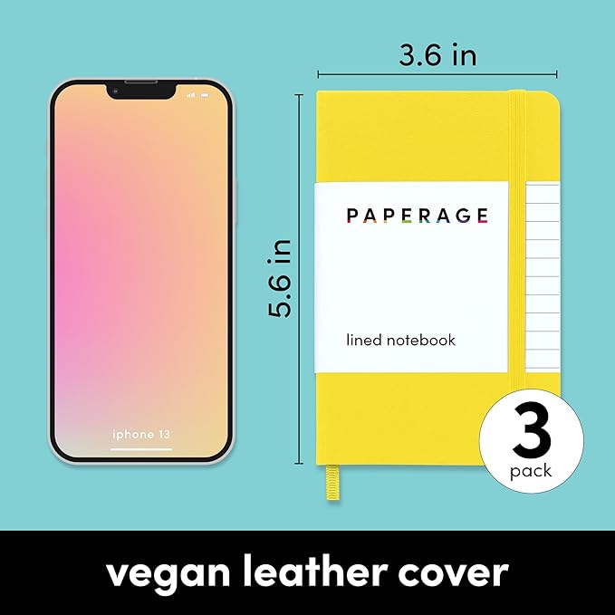 PAPERAGE Lined Pocket Journal Notebook, 3 Pack, (Yellow, Blush, Turquoise), 160 Pages, Small, 3.6 inches x 5.6 inches - 100 GSM Thick Paper, Hardcover