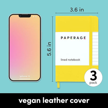 PAPERAGE Lined Pocket Journal Notebook, 3 Pack, (Yellow, Blush, Turquoise), 160 Pages, Small, 3.6 inches x 5.6 inches - 100 GSM Thick Paper, Hardcover