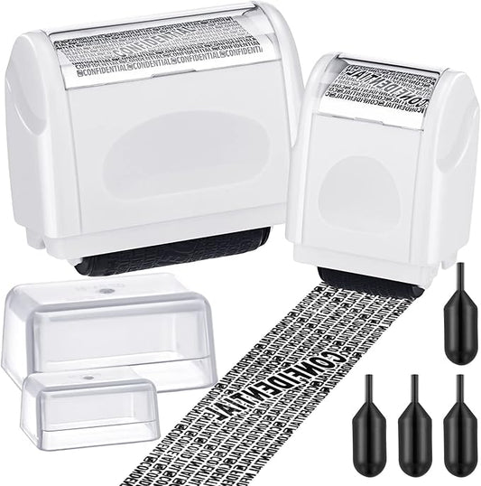 Nezyo 2 Pack Identity Protection Roller Stamp Identity Theft Stamp Confidential Roller Stamp Privacy Stamp Information Blocker Stamp and 4 Pack Refill Ink for ID Account Data Address Security(White)